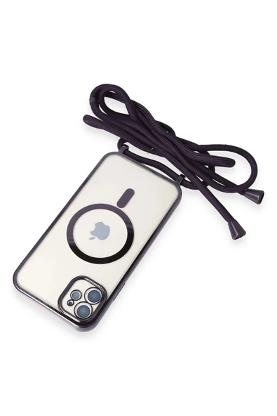 iPhone 12 Kılıf Divo Lazer Askılı Magsafe Kapak - Derin Mor - Resim 4