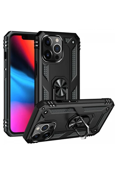 iPhone 14 Pro Kılıf Sofya Yüzüklü Silikon Kapak - Siyah - Resim 2