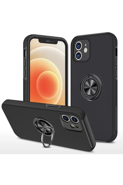 iPhone 12 Kılıf Elit Yüzüklü Kapak - Siyah ürün görseli 1