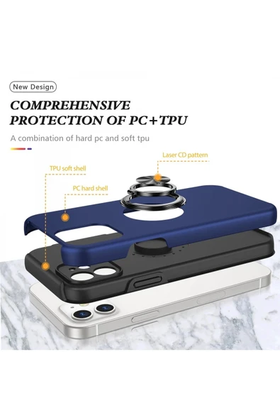 iPhone 12 Kılıf Elit Yüzüklü Kapak - Lacivert - Resim 3