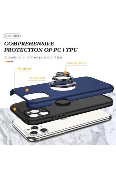 iPhone 11 Pro Max Kılıf Elit Yüzüklü Kapak - Lacivert - Resim 2