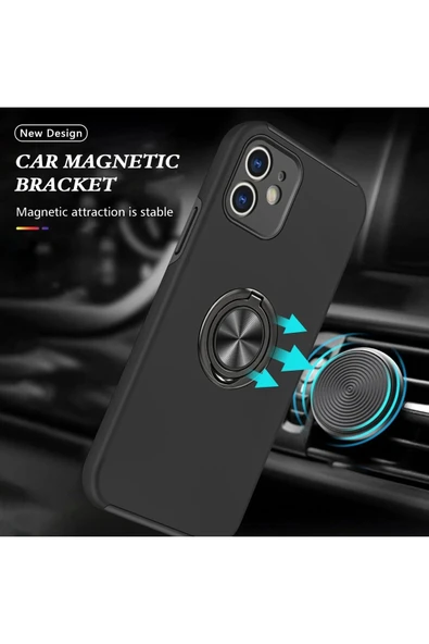 iPhone 12 Kılıf Elit Yüzüklü Kapak - Siyah - Resim 5