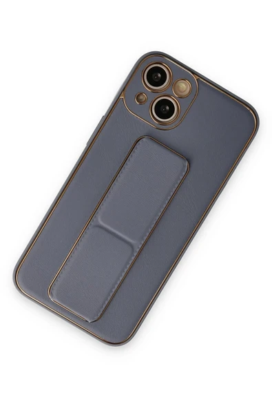 iPhone 14 Plus Kılıf Coco Deri Standlı Kapak - Gri - Resim 2