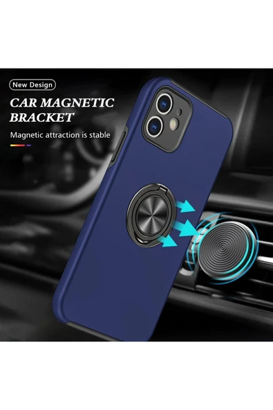 iPhone 12 Kılıf Elit Yüzüklü Kapak - Lacivert - Resim 2