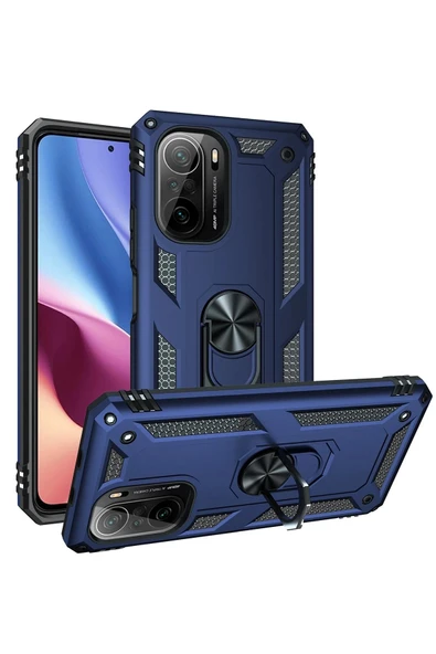 Xiaomi Poco F3 Kılıf Sofya Yüzüklü Silikon Kapak - Lacivert - Resim 2