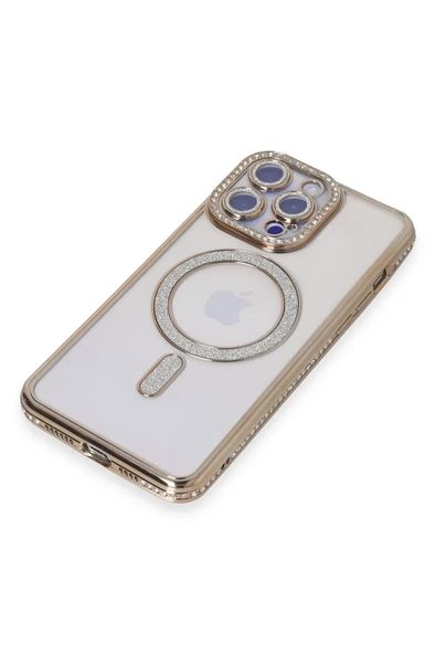 iPhone 15 Pro Max Kılıf Joke Simli Magneticsafe Kılıf - Gold - Resim 3