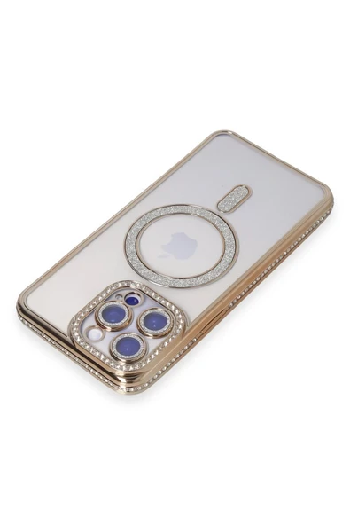 iPhone 15 Pro Max Kılıf Joke Simli Magneticsafe Kılıf - Gold - Resim 2