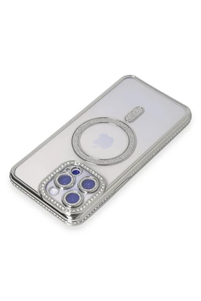 iPhone 15 Pro Max Kılıf Joke Simli Magneticsafe Kılıf - Gümüş - Resim 3