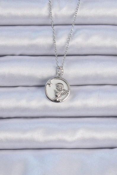 316L Çelik Zincir Gümüş Renk Zirkon Taşlı Mineli Melek Kolye ürün görseli 1