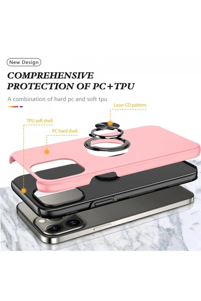 iPhone 13 Pro Max Kılıf Elit Yüzüklü Kapak - Pembe - Resim 2