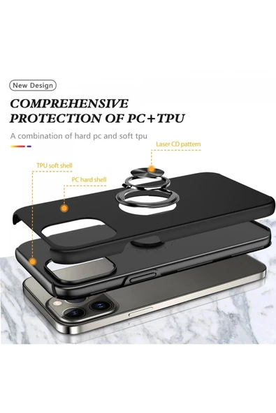 iPhone 13 Pro Kılıf Elit Yüzüklü Kapak - Siyah - Resim 2