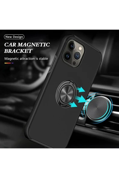 iPhone 13 Pro Kılıf Elit Yüzüklü Kapak - Siyah - Resim 5