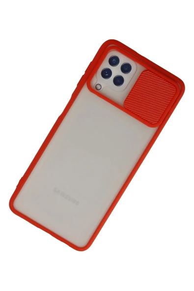 Samsung Galaxy A22 Kılıf Palm Buzlu Kamera Sürgülü Silikon - Kırmızı - Resim 3