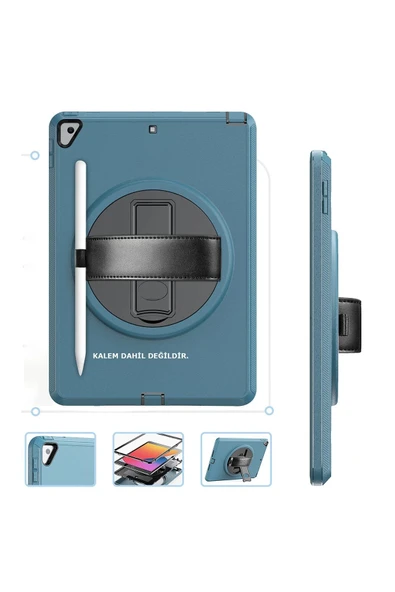 iPad 10.2 (7.nesil) Kılıf Hand Strap Tablet Kılıfı - Turkuaz - Resim 3