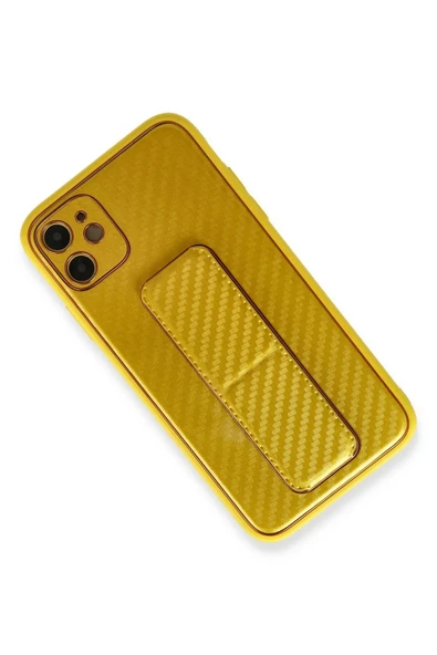 iPhone 12 Kılıf Coco Karbon Standlı Kapak - Sarı - Resim 4