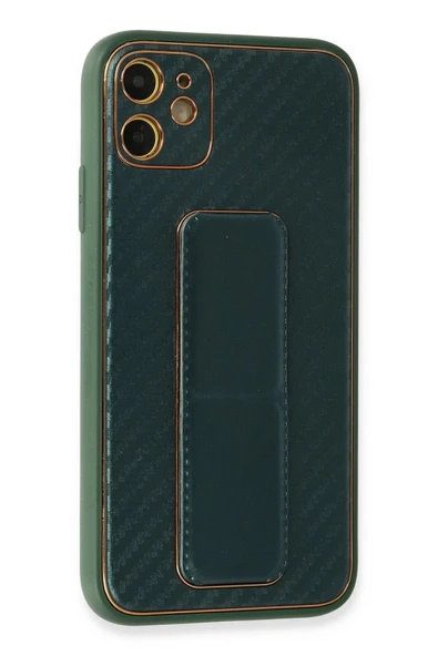 iPhone 12 Kılıf Coco Karbon Standlı Kapak - Yeşil - Resim 3