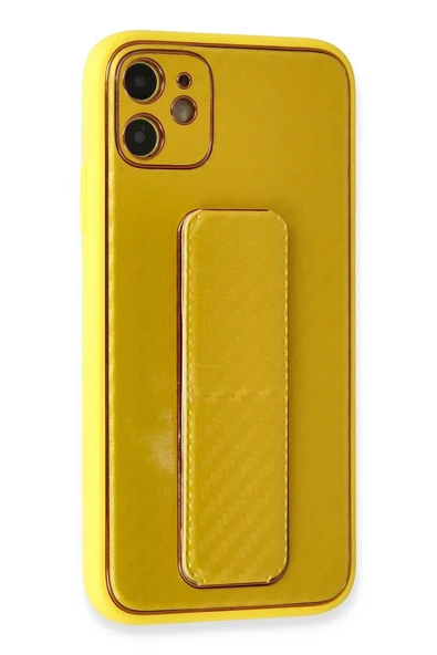 iPhone 12 Kılıf Coco Karbon Standlı Kapak - Sarı - Resim 2