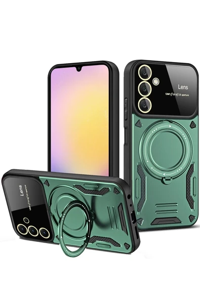 Samsung Galaxy A35 5G Kılıf Joy Lens Standlı Kapak - Koyu Yeşil ürün görseli 1