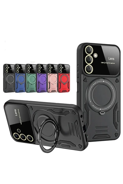 Samsung Galaxy S25 Kılıf Joy Lens Standlı Kapak - Lacivert - Resim 2