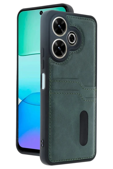 Xiaomi Redmi 13 4G Kılıf Sara Kartvizitli Deri Kılıf - Koyu Yeşil - Resim 2