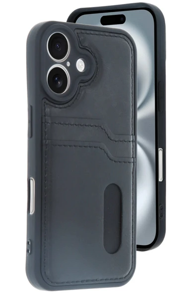 iPhone 16 Kılıf Sara Kartvizitli Deri Kılıf - Siyah - Resim 2