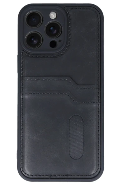 iPhone 16 Pro Kılıf Sara Kartvizitli Deri Kılıf - Siyah - Resim 3