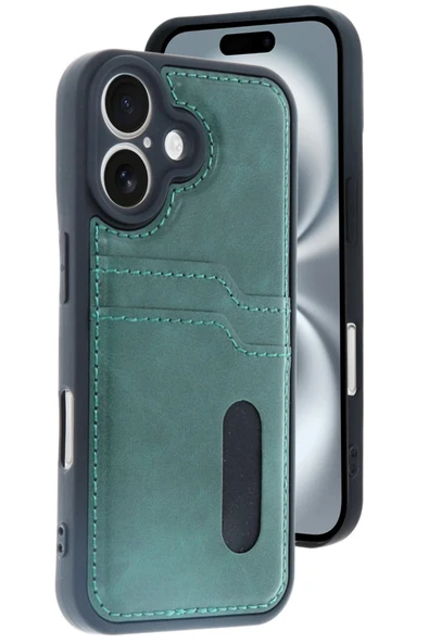 iPhone 16 Kılıf Sara Kartvizitli Deri Kılıf - Koyu Yeşil - Resim 3