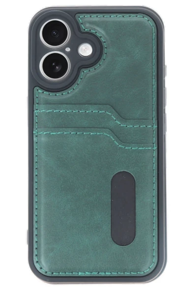iPhone 16 Kılıf Sara Kartvizitli Deri Kılıf - Koyu Yeşil - Resim 2