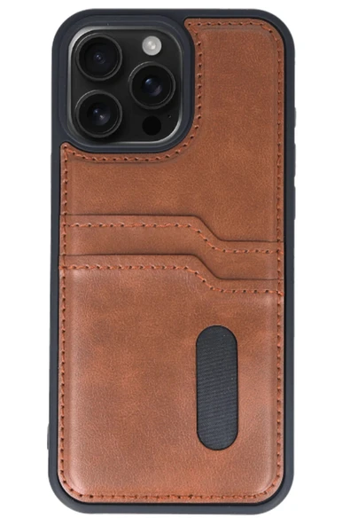 iPhone 14 Pro Max Kılıf Sara Kartvizitli Deri Kılıf - Taba - Resim 2