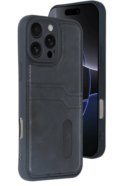 iPhone 16 Pro Kılıf Sara Kartvizitli Deri Kılıf - Siyah - Resim 2