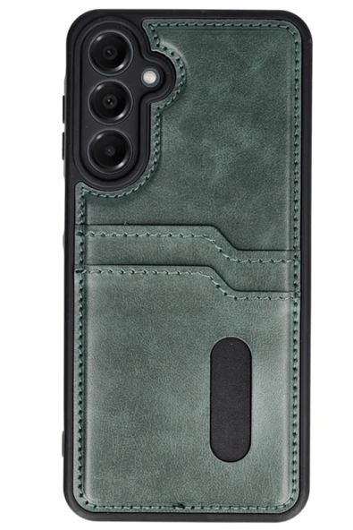 Samsung Galaxy A25 5G Kılıf Sara Kartvizitli Deri Kılıf - Koyu Yeşil - Resim 2