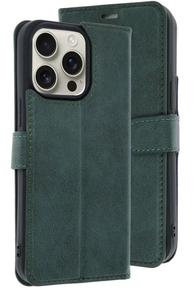 iPhone 15 Pro Max Kılıf Trend S Plus Kapaklı Kılıf - Koyu Yeşil - Resim 3
