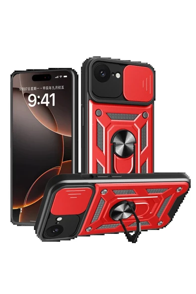 iPhone 16E Kılıf Pars Lens Yüzüklü Silikon - Kırmızı ürün görseli