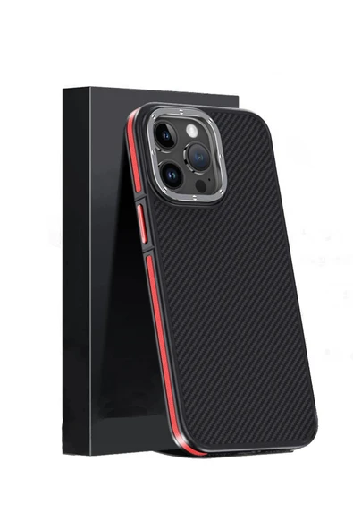 iPhone 15 Pro Kılıf Aramid 600D Kevlar Karbon Fiber Magsafe Kapak - Kırmızı - Resim 3
