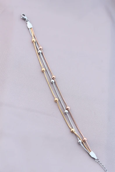 316L Kararmaz Çelik Gümüş Renk Top Zincirli Kadın Bileklik - Resim 2