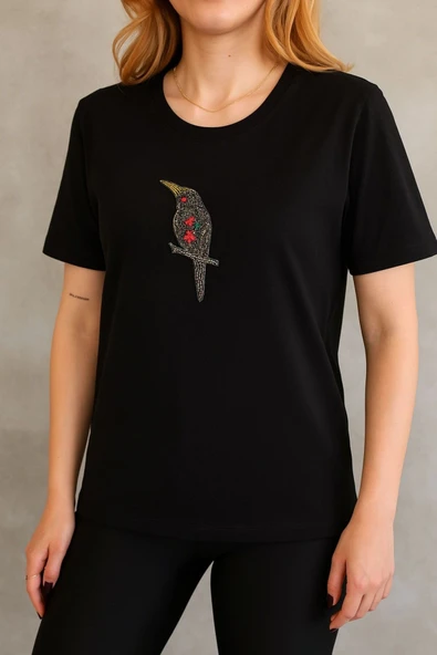 Taş İşlemeli Kuş Motifli Basic Tişört DNV-000099 - 1