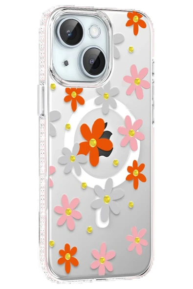 Apple iPhone 15 Floral Magsafe Kapak - Turuncu ürün görseli