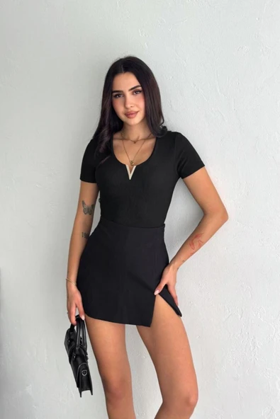 V Yaka Crop Bluz DNV-000084 ürün görseli