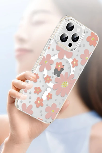 Apple iPhone 15 Floral Magsafe Kapak - Pembe - Resim 4