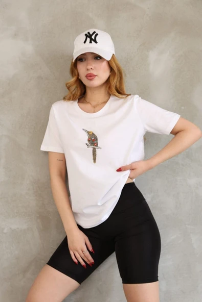 Taş İşlemeli Kuş Motifli Basic Tişört DNV-000099 - 1