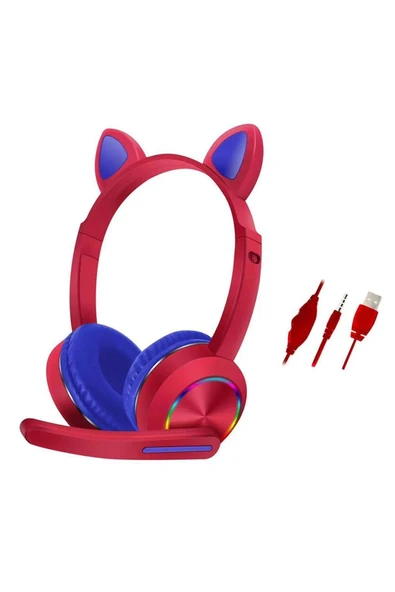AKZ020 Kafa Üstü Işıklı Kedi Kulaklık - Kırmızı ürün görseli