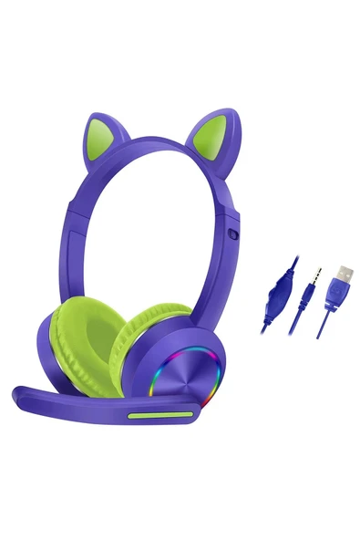 AKZ020 Kafa Üstü Işıklı Kedi Kulaklık - Mor ürün görseli