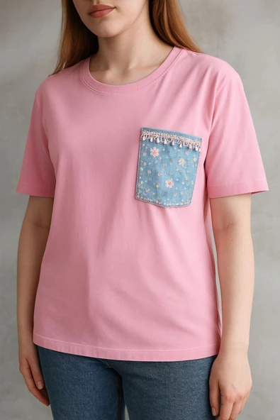 İşlemeli Cep Detaylı Basic Tişört DNV-000101 ürün görseli