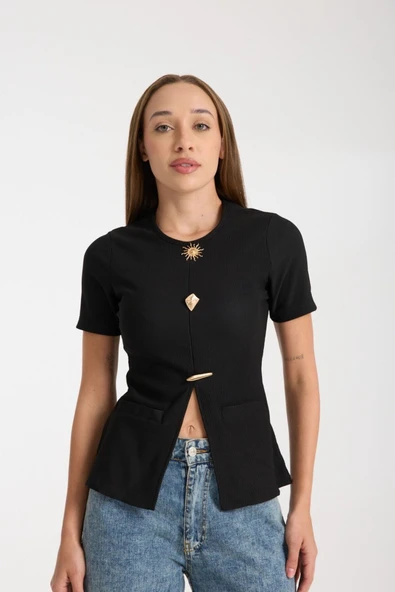 Metal Aksesuarlı Kısa Kollu Fit Bluz DNV-000104 - 6