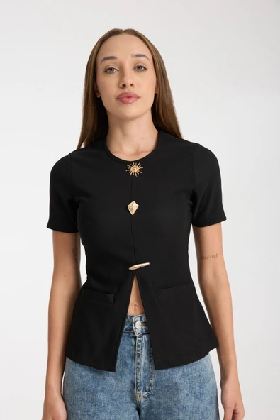 Metal Aksesuarlı Kısa Kollu Fit Bluz DNV-000104 - 7