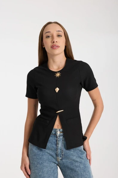 Metal Aksesuarlı Kısa Kollu Fit Bluz DNV-000104 - 3