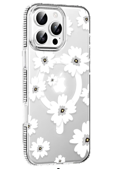 Apple iPhone 16 Pro Max Floral Magsafe Kapak - Beyaz - Resim 5