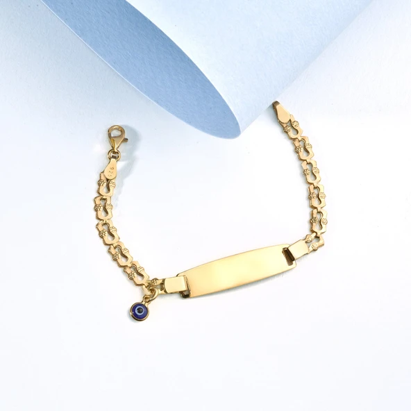 14 Ayar Altın Kaplama Bebek ve Çocuk Göz Boncuklu ve Nazarlı İsim Gümüş  Künye - BPC00105 - Resim 3