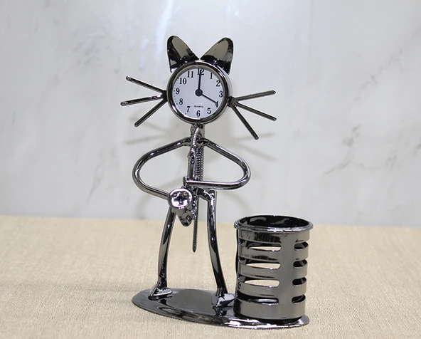 Metal Saksafon Çalan Müzisyen Kedi Saat Ve Kalemlik - 1