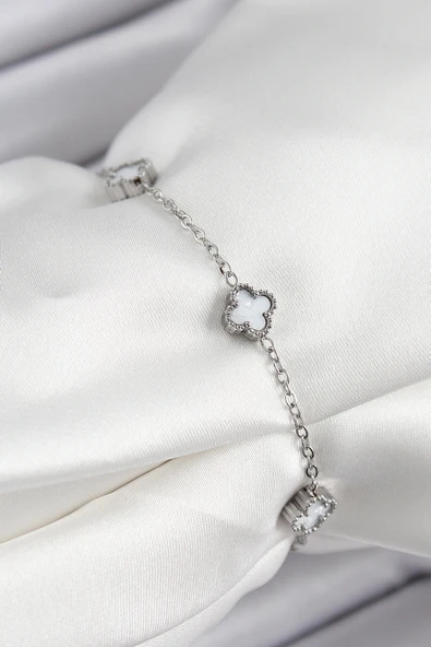 316L Çelik Beyaz Sedef Yonca Model Gümüş Renk Kadın Bileklik ürün görseli